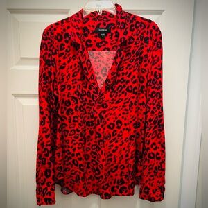 NWOT Karen Kane Red and Black Leopard Print V-Neck Blouse, Size Large